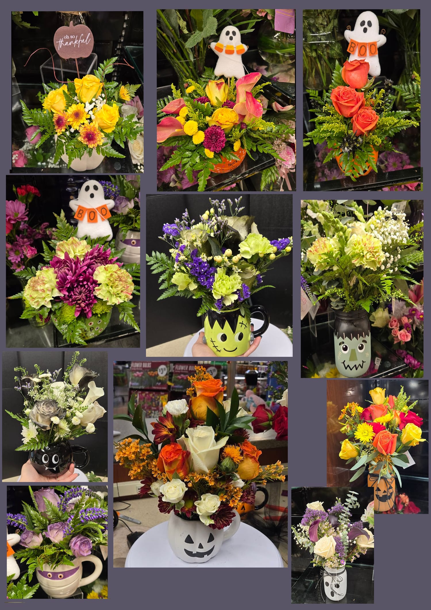 A collage of floral arrangements designed by Katherine Dattilo — autumn and Halloween-themed bouquets in orange, yellow, and purple, including novelty ghost and jack-o'-lantern mug arrangements.