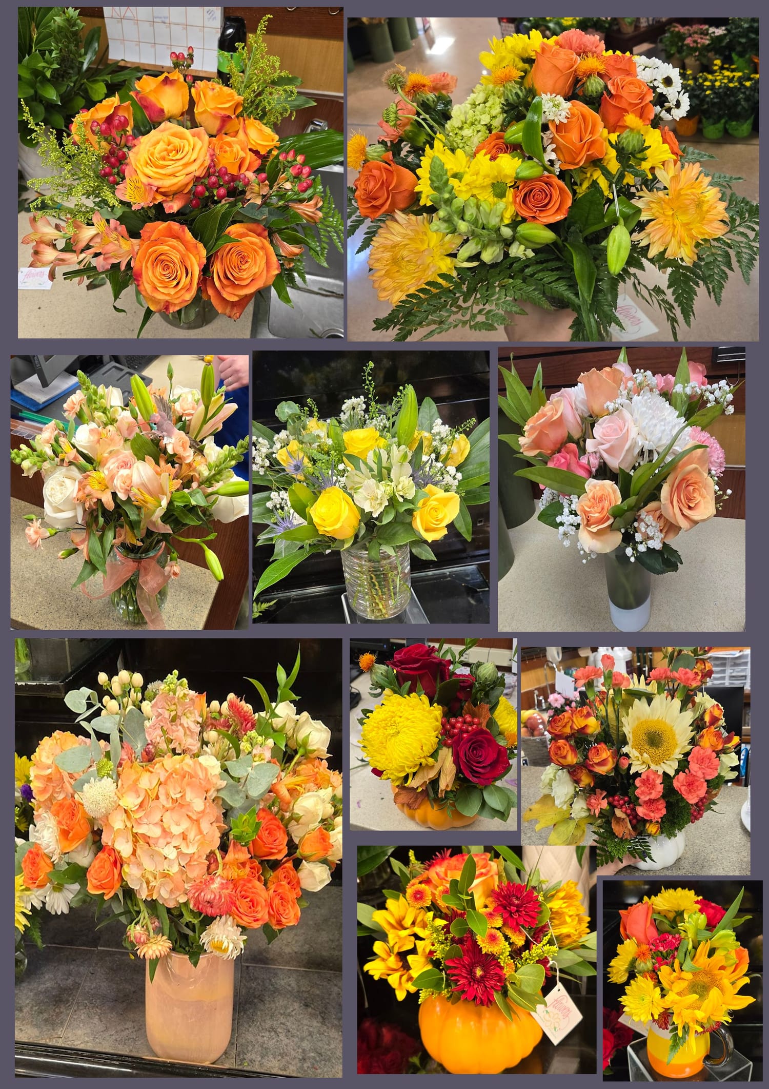 A second collage of Katherine Dattilo's floral arrangements — warm fall vase bouquets of roses, hydrangea, and sunflowers in orange, peach, and gold, plus soft pastel pink and peach designs.