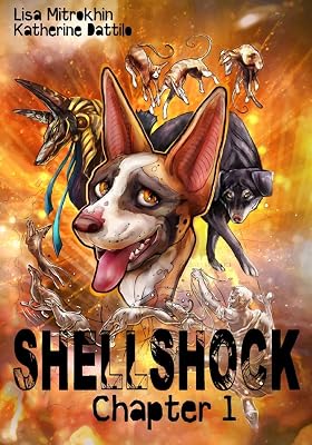 Cover of Shellshock: Chapter 1 by Lisa Mitrokhin, illustrated by Katherine Dattilo — a dog character surrounded by mythological figures and constellations over a fiery orange background.